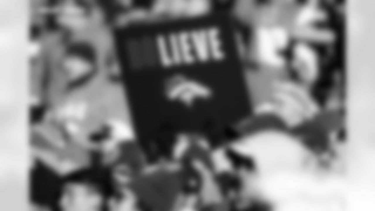 Fans hold up a Bolieve sign during the Broncos' Divisional Round playoff game against the Buffalo Bills at Empower Field at Mile High in Denver, Colorado on January 17, 2026. Photo by Ben Swanson / Denver Broncos