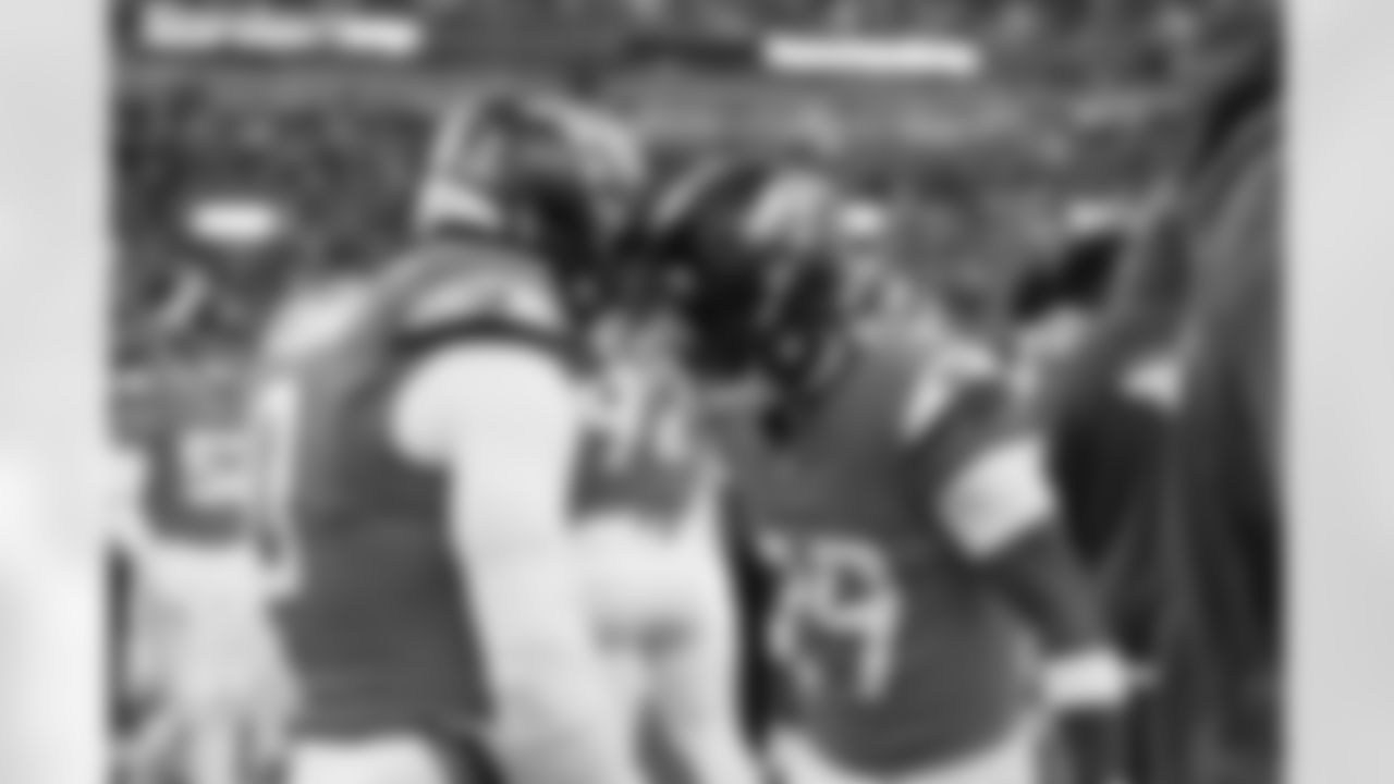 Ja'Quan McMillian (29) and Jonathon Cooper (0) before the Broncos' Divisional Round playoff game against the Buffalo Bills at Empower Field at Mile High in Denver, Colorado on January 17, 2026. Photo by Ben Swanson / Denver Broncos