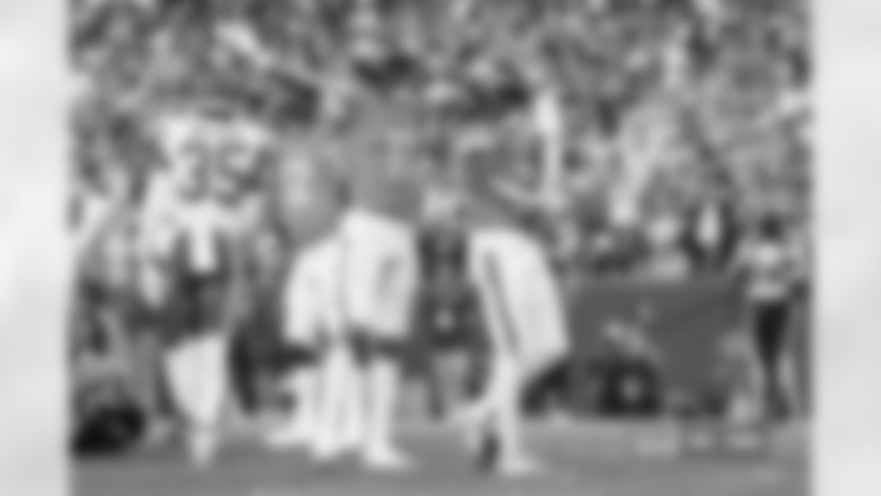 Troy Franklin (11) and Jaleel McLaughlin (38) after a touchdown during the Broncos' Week 11 game against the Kansas City Chiefs at Empower Field at Mile High in Denver, Colorado on November 16, 2025. Photo by Gabriel Christus / Denver Broncos