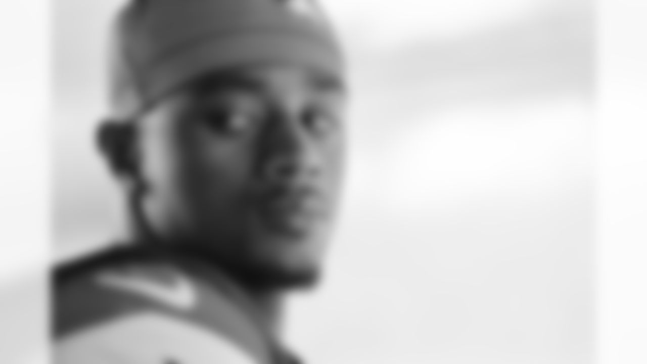 Pat Surtain II poses during the filming of the 2025 in-stadium pregame hype video during media day.
Photo by Jamie Schwaberow / Denver Broncos