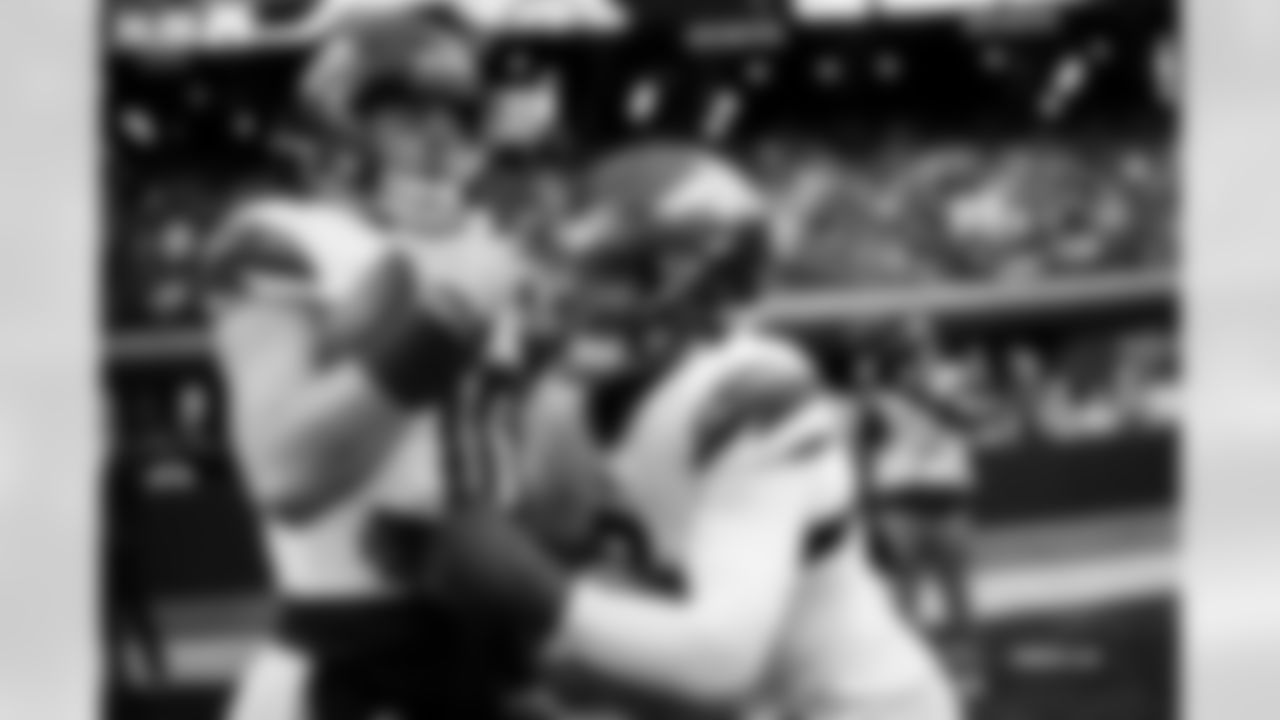 Bo Nix and P.J. Locke before the Broncos' Week 12 game against the Las Vegas Raiders at Allegiant Stadium in Las Vegas, Nevada on November 24, 2024. Photo by Gabriel Christus / Denver Broncos