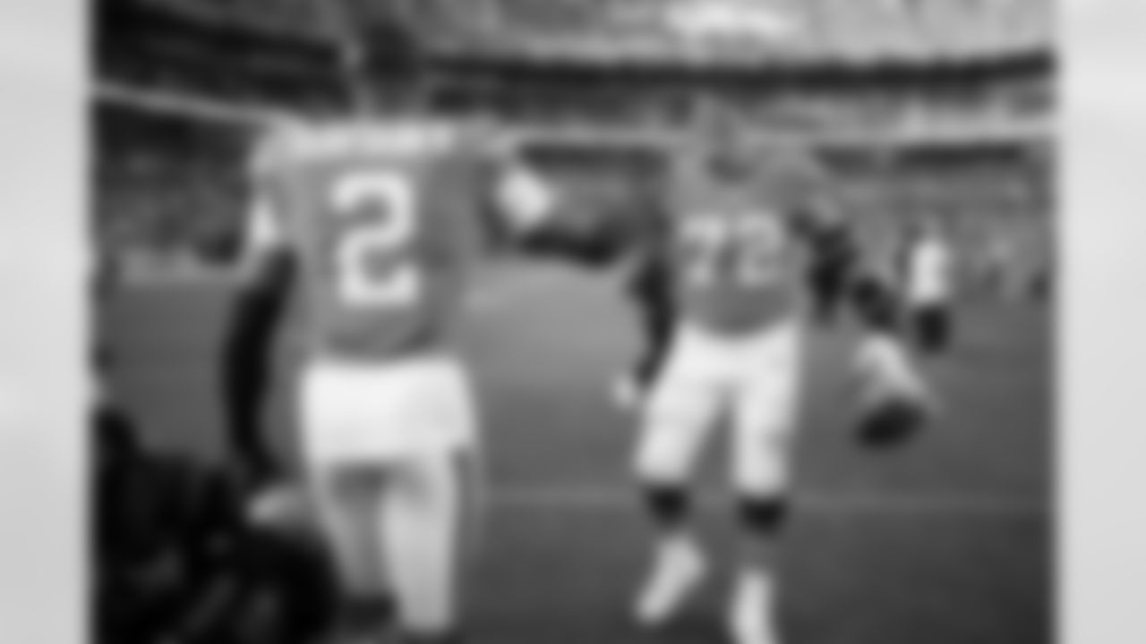 Denver Broncos cornerback Pat Surtain II (2) and offensive tackle Garett Bolles (72) celebrate after the Broncos' Week 5 game against the Las Vegas Raiders at Empower Field at Mile High in Denver, Colorado on October 6, 2024. Photo by Ben Swanson / Denver Broncos