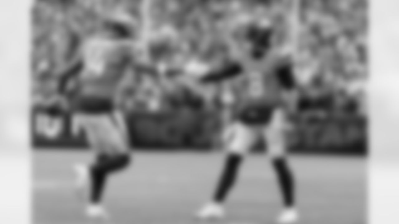 Denver Broncos quarterback Jarrett Stidham (8) celebrates with wide receiver Courtland Sutton (14) after a touchdown during the AFC Championship Game between the Denver Broncos and New England Patriots at Empower Field at Mile High in Denver, Colorado on January 25, 2026. Photo by Gabriel Christus / Denver Broncos