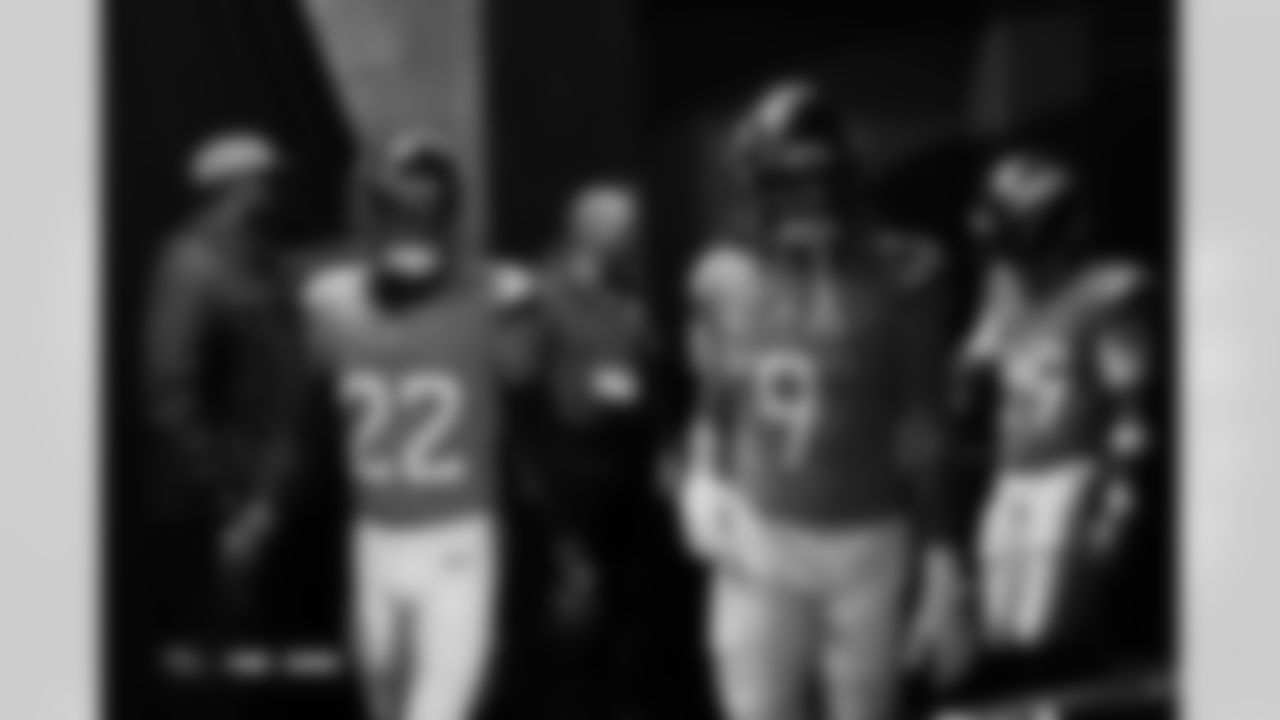 Brandon Jones and Talanoa Hufanga before the Broncos' Week 15 game against the Green Bay Packers at Empower Field at Mile High in Denver, Colorado on December 14, 2025. Photo by Ben Swanson / Denver Broncos