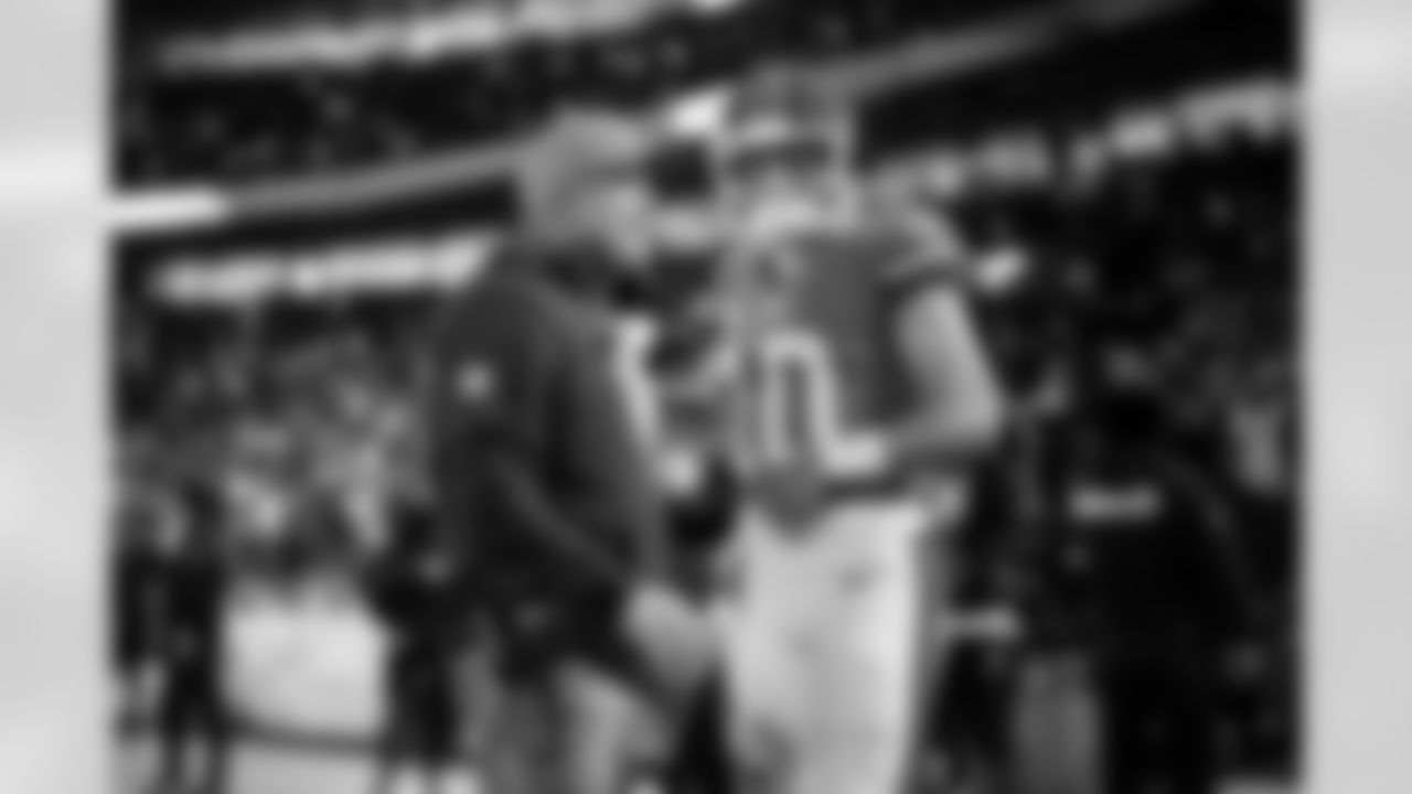 Denver Broncos head coach Sean Payton and quarterback Bo Nix (10) share a laugh before the Broncos' Week 10 game against the Las Vegas Raiders at Empower Field at Mile High in Denver, Colorado on November 6, 2025. Photo by Ben Swanson / Denver Broncos