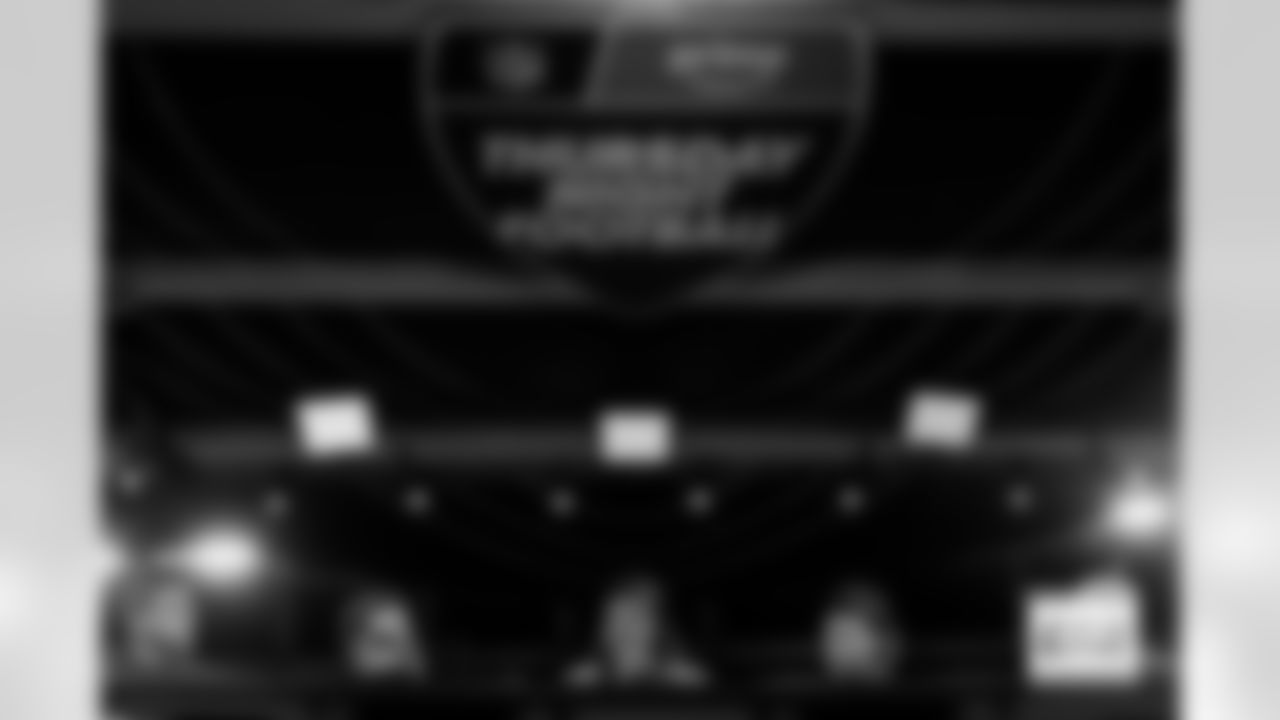 Tony Gonzalez, Ryan Fitzpatrick, Denver Broncos linebacker Nik Bonitto (15), cornerback Riley Moss (21) and Andrew Whitworth on the Prime Video "Thursday Night Football" Postgame Show after the Broncos' Week 10 game against the Las Vegas Raiders at Empower Field at Mile High in Denver, Colorado on November 6, 2025. Photo by Gavin Liddell / Denver Broncos