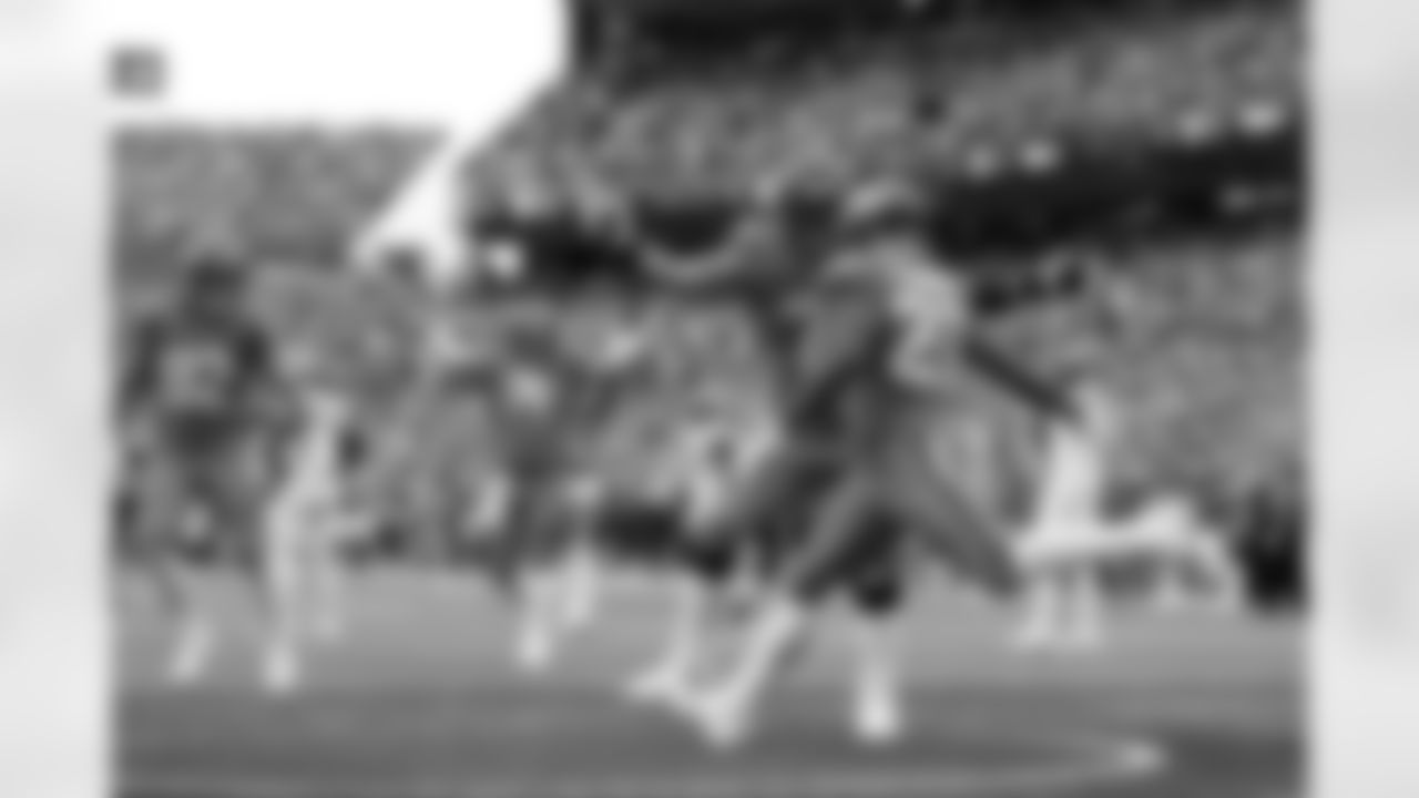 Denver Broncos offensive tackle Garett Bolles (72) celebrates with running back J.K. Dobbins (27) after his touchdown during the Broncos' Week 1 game against the Tennessee Titans at Empower Field at Mile High in Denver, Colorado on September 7, 2025. Photo by Gavin Liddell / Denver Broncos