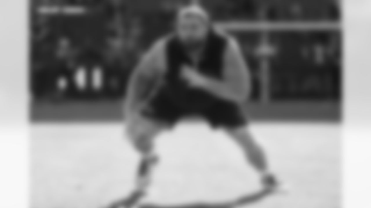 Quinn Meinerz (77) before the Broncos' Divisional Round playoff game against the Buffalo Bills at Empower Field at Mile High in Denver, Colorado on January 17, 2026. Photo by Gabriel Christus / Denver Broncos