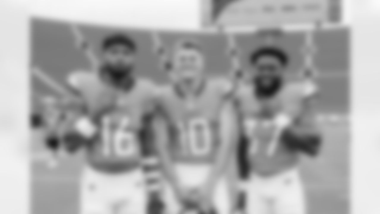 Denver Broncos wide receiver Troy Franklin (16), quarterback Bo Nix (10) and running back Audric Estime (37) during the 2024 NFL Rookie Premiere.