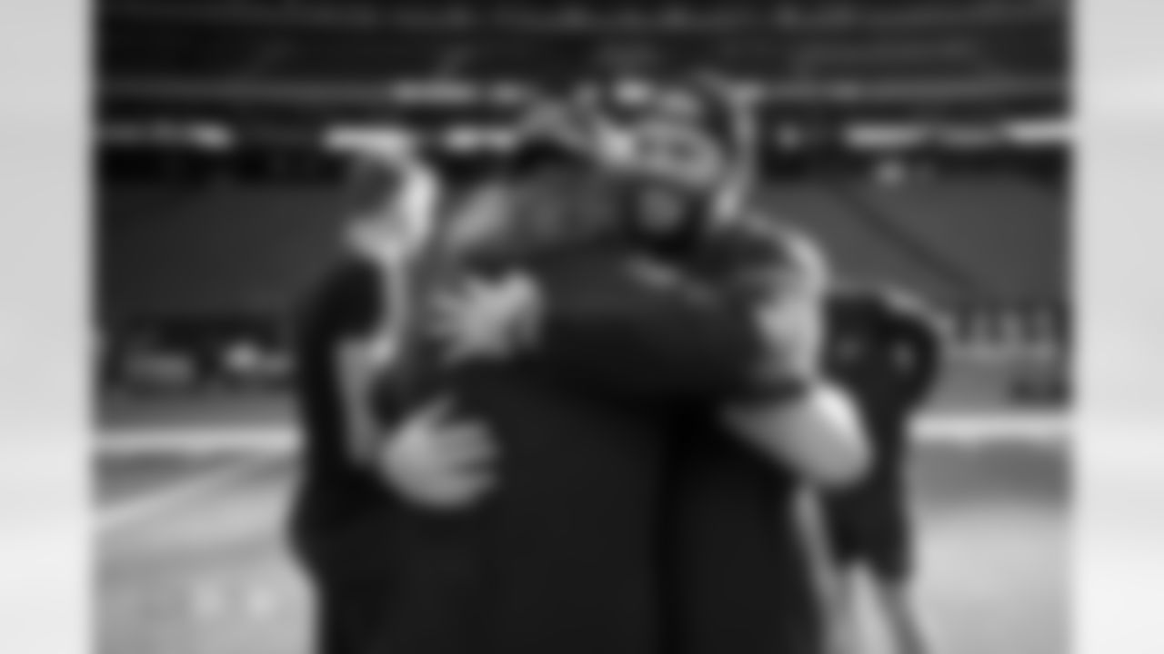 Andrew Beck and Alex Singleton before the Broncos' Week 13 game against the Houston Texans at NRG Stadium in Houston, Texas on December 3, 2023. Photo by Ben Swanson / Denver Broncos
