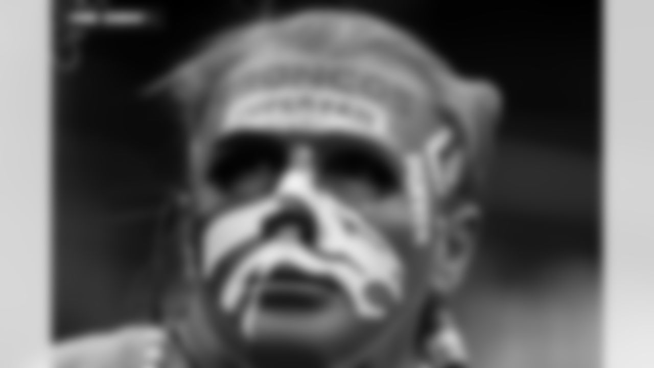 A Denver Broncos super fan wears a mask during the AFC Championship Game between the Denver Broncos and New England Patriots at Empower Field at Mile High in Denver, Colorado on January 25, 2026. Photo by Ben Swanson / Denver Broncos