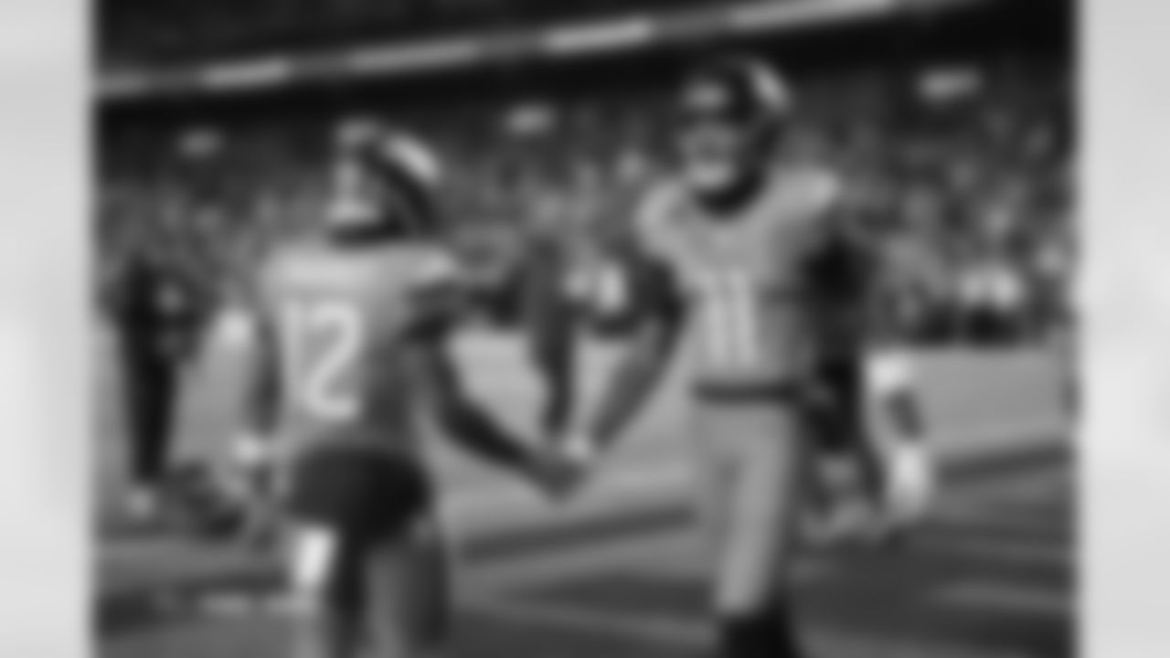 RJ Harvey (12) and Troy Franklin (11) before the Broncos' Week 13 game against the Washington Commanders at Northwest Stadium in Landover, Maryland on November 30, 2025. Photo by Ben Swanson / Denver Broncos