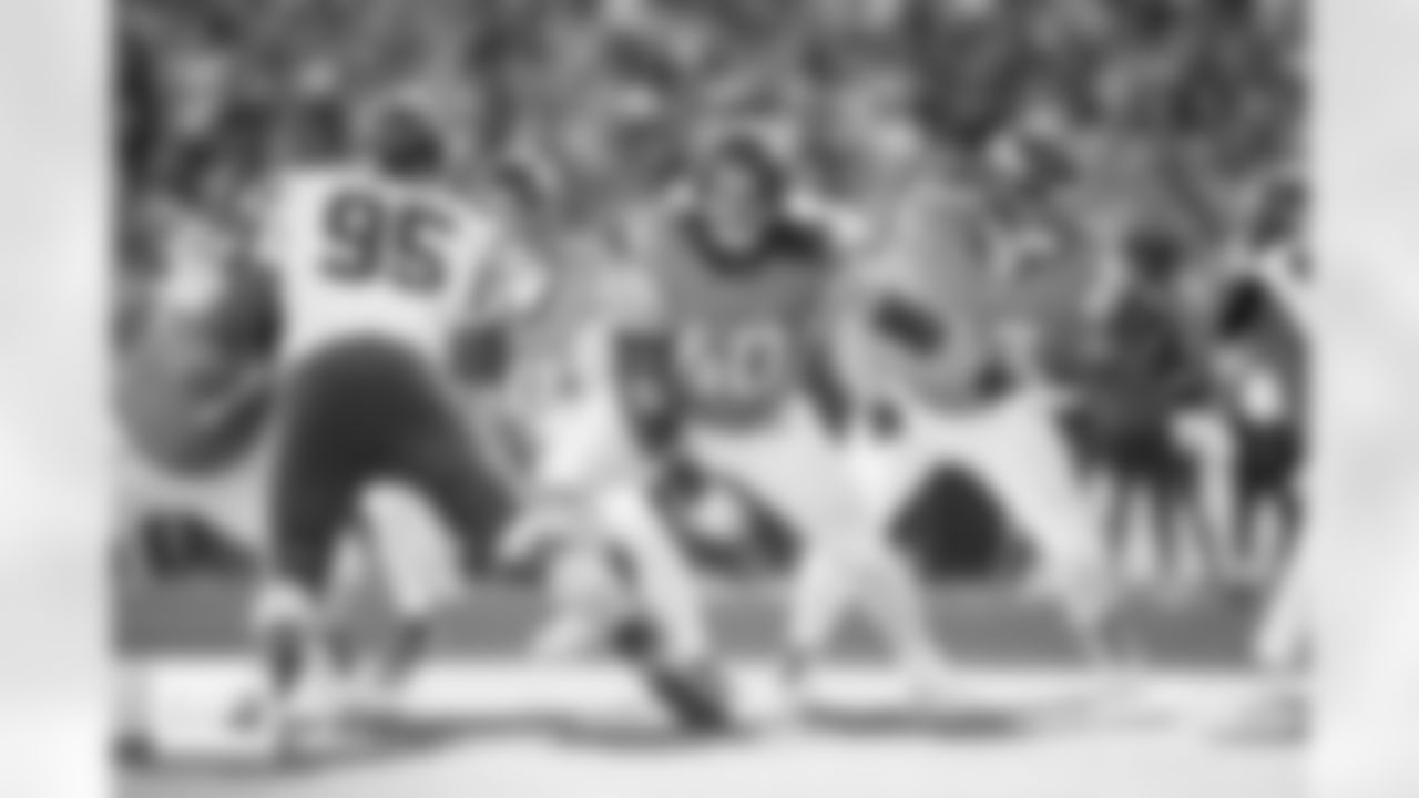 Denver Broncos center Luke Wattenberg (60) and offensive tackle Alex Palczewski (63) block during the Broncos' Week 11 game against the Kansas City Chiefs at Empower Field at Mile High in Denver, Colorado on November 16, 2025. Photo by Ben Swanson / Denver Broncos