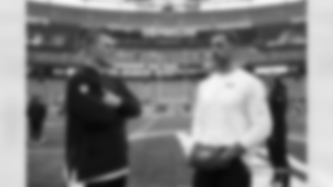 Bo Nix (10) and Aaron Rodgers before the Broncos' Week 4 game against the New York Jets at MetLife Stadium in East Rutherford, New Jersey on September 29, 2024. Photo by Ben Swanson / Denver Broncos