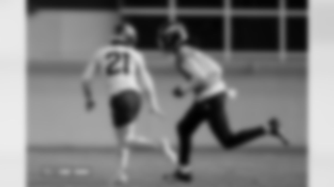 Riley Moss and Lil'Jordan Humphrey during practice on Friday, December 12, 2025 at Broncos Park Powered by CommonSpirit in Englewood, Colorado.
Photo by Gabriel Christus / Denver Broncos