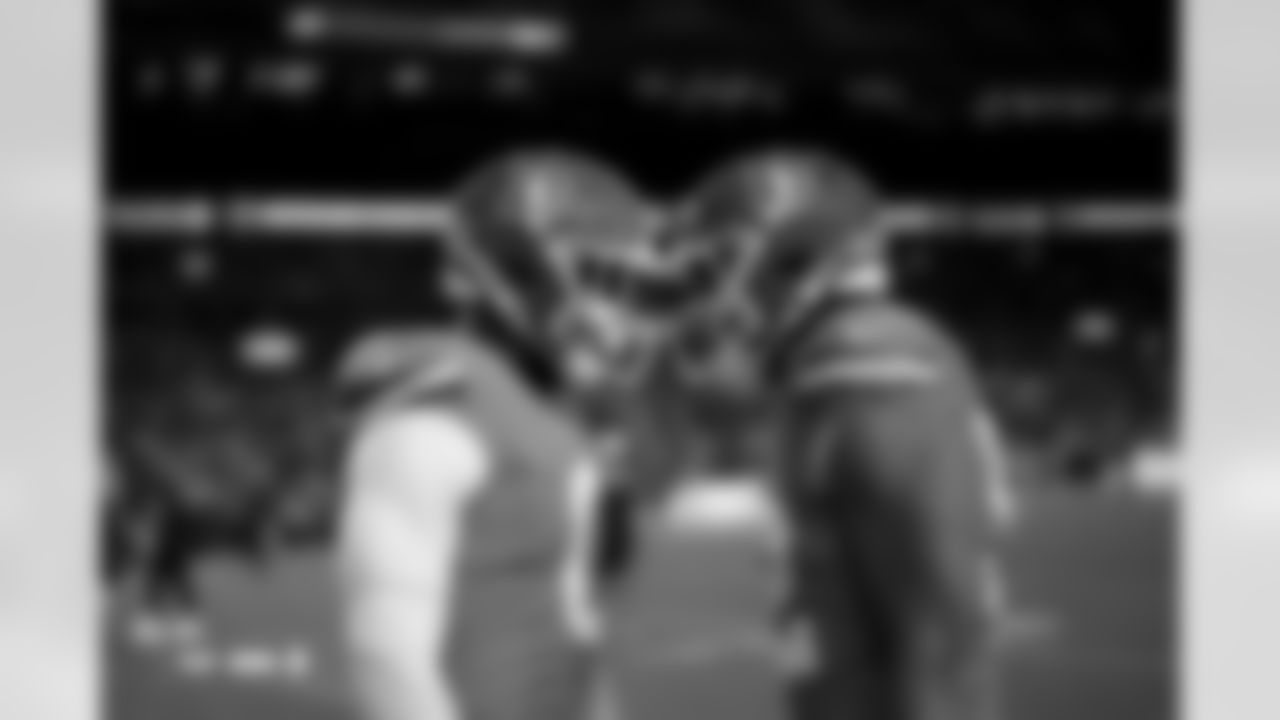 Jonathon Cooper (0) and Jonah Elliss (52) before the Broncos' Week 10 game against the Las Vegas Raiders at Empower Field at Mile High in Denver, Colorado on November 6, 2025. Photo by Ben Swanson / Denver Broncos