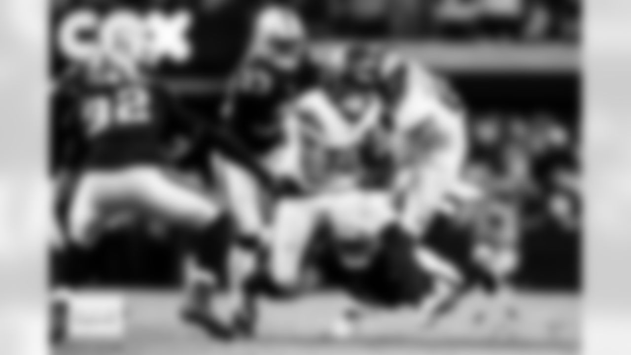 Denver Broncos running back Jaleel McLaughlin (38) runs with the ball  during the Broncos' Week 14 game against the Las Vegas Raiders at Allegiant Stadium in Las Vegas, Nevada on December 7, 2025. Photo by Gabriel Christus / Denver Broncos