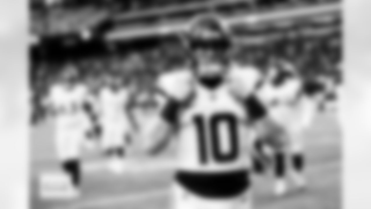 Denver Broncos quarterback Bo Nix (10) walks off the field before the Broncos' Week 14 game against the Las Vegas Raiders at Allegiant Stadium in Las Vegas, Nevada on December 7, 2025. Photo by Gabriel Christus / Denver Broncos