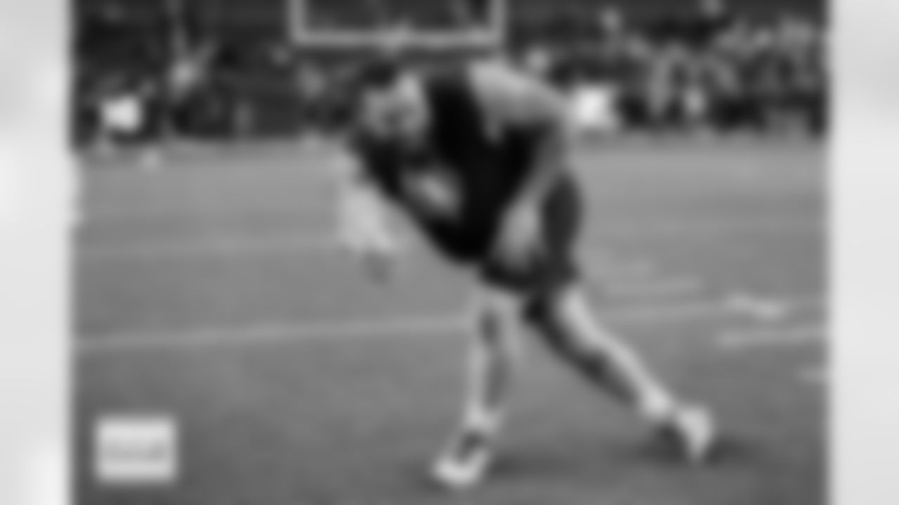 Quinn Meinerz does a bowling move before the Broncos' Week 10 game against the Las Vegas Raiders at Empower Field at Mile High in Denver, Colorado on November 6, 2025. Photo by Ben Swanson / Denver Broncos