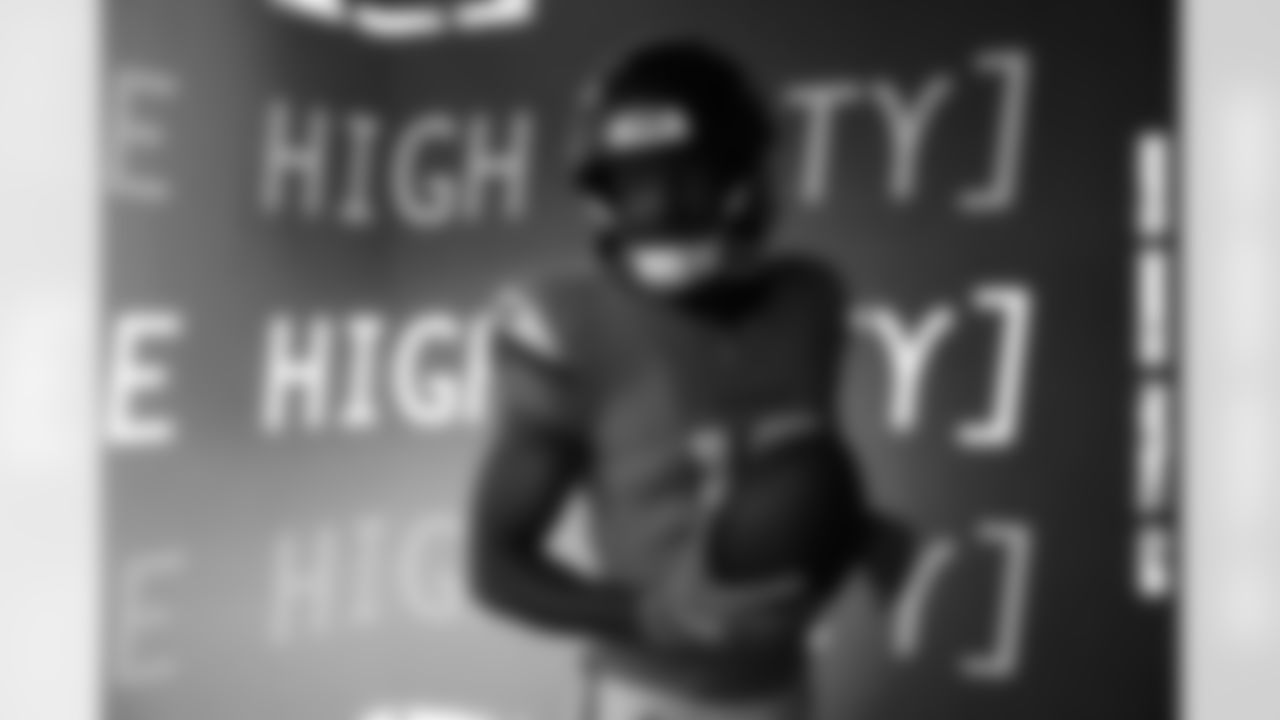 Marvin Mims Jr. poses during the filming of the 2025 in-stadium pregame hype video during media day.
Photo by Jamie Schwaberow / Denver Broncos