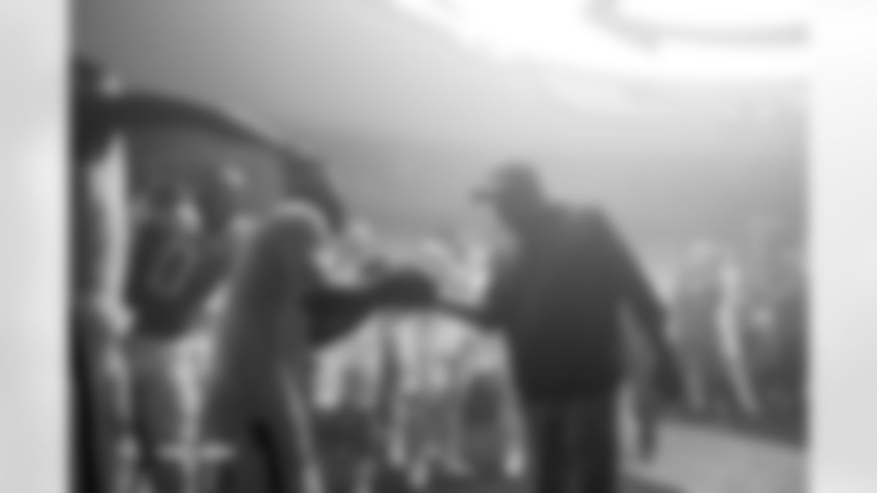 Ja'Quan McMillian and Sean Payton after the Broncos' Week 11 game against the Kansas City Chiefs at Empower Field at Mile High in Denver, Colorado on November 16, 2025. Photo by Gabriel Christus / Denver Broncos