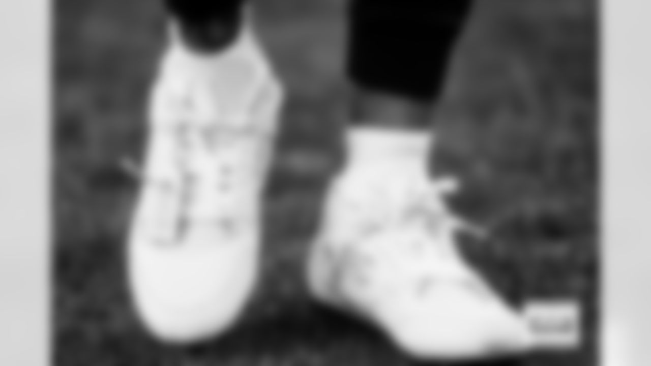 Pat Surtain II wears custom Off-White Jordan Brand cleats before the Broncos' Divisional Round playoff game against the Buffalo Bills at Empower Field at Mile High in Denver, Colorado on January 17, 2026. Photo by Ben Swanson / Denver Broncos