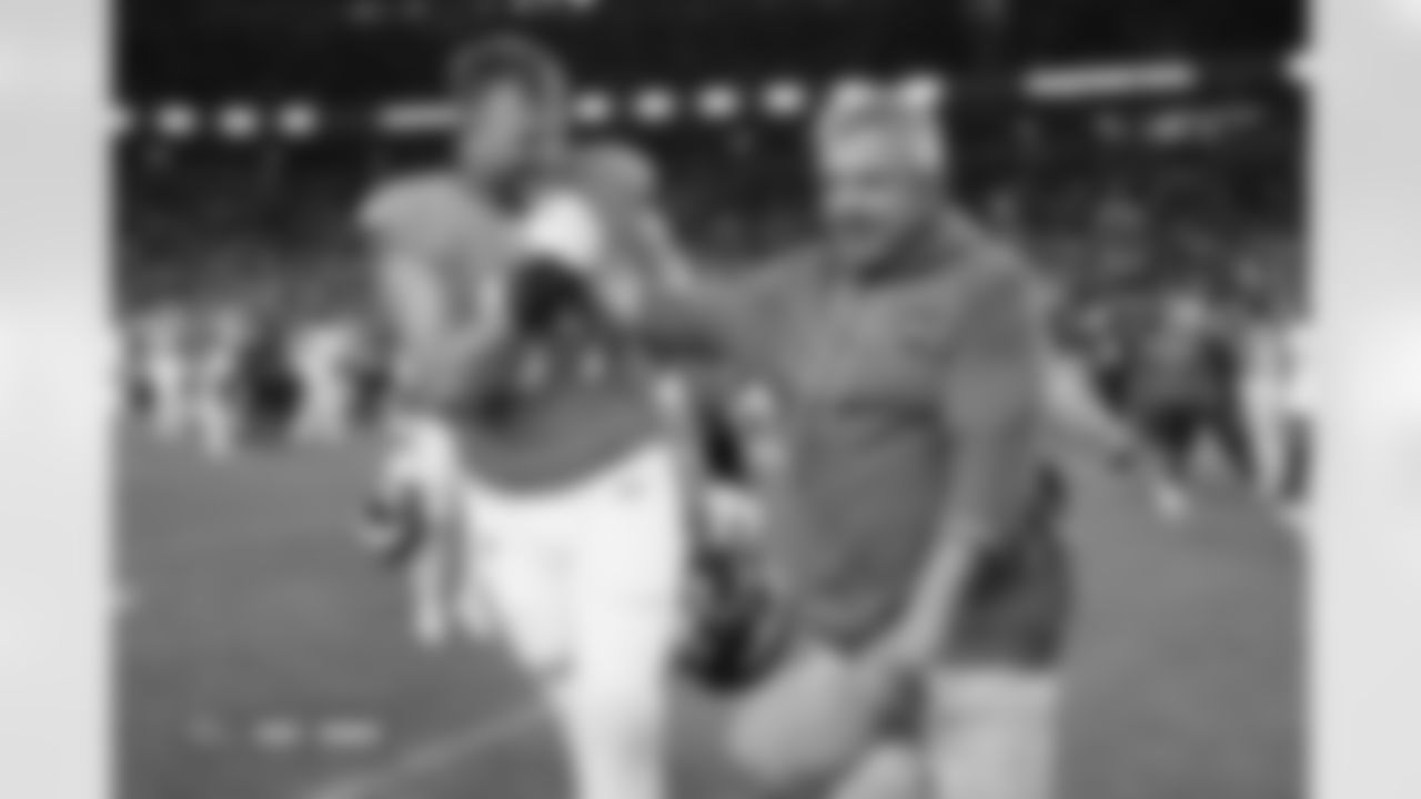 Mike McGlinchey (69) and Sean Payton during the Broncos' Week 11 game against the Kansas City Chiefs at Empower Field at Mile High in Denver, Colorado on November 16, 2025. Photo by Ben Swanson / Denver Broncos