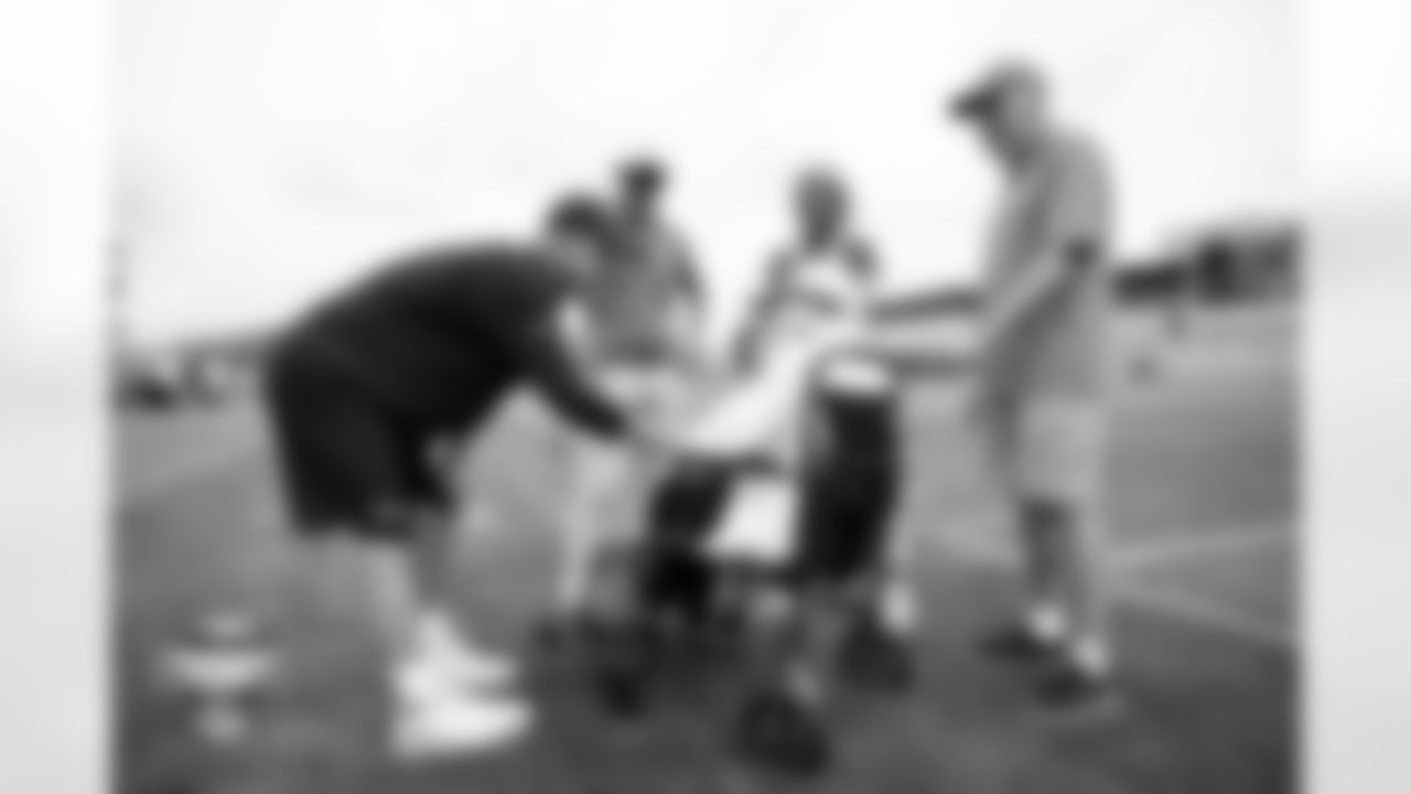 108-year-old fan Bettye Garrett meets Sean Payton, Greg Penner and Carrie Walton Penner during a training camp practice at Broncos Park Powered by CommonSpirit on July 29, 2025 in Englewood, Colorado. Photo by Ben Swanson / Denver Broncos