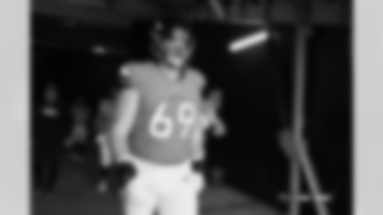 Mike McGlinchey before the Broncos' Week 15 game against the Green Bay Packers at Empower Field at Mile High in Denver, Colorado on December 14, 2025. Photo by Gabriel Christus / Denver Broncos