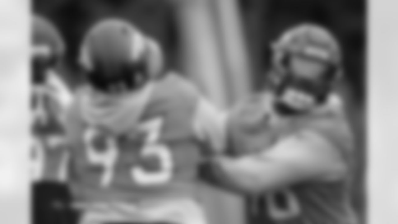 D.J. Jones and John Franklin-Myers during practice at Tottenham Hotspur Football Club Training Ground in Enfield, England on October 9, 2025. Photo by Gabriel Christus / Denver Broncos