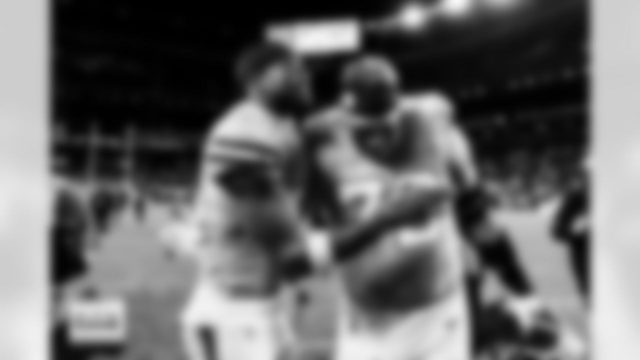 Courtland Sutton and Garett Bolles after the Broncos' Week 18 game against the Los Angeles Chargers at Empower Field at Mile High in Denver, Colorado on January 4, 2026. Photo by Ben Swanson / Denver Broncos