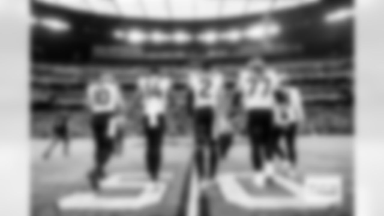 Denver Broncos placekicker Wil Lutz (3), guard Quinn Meinerz (77), cornerback Pat Surtain II (2), wide receiver Courtland Sutton (14) and quarterback Bo Nix (10) walk out for the coin toss before the Broncos' Week 12 game against the Las Vegas Raiders at Allegiant Stadium in Las Vegas, Nevada on November 24, 2024. Photo by Gabriel Christus / Denver Broncos