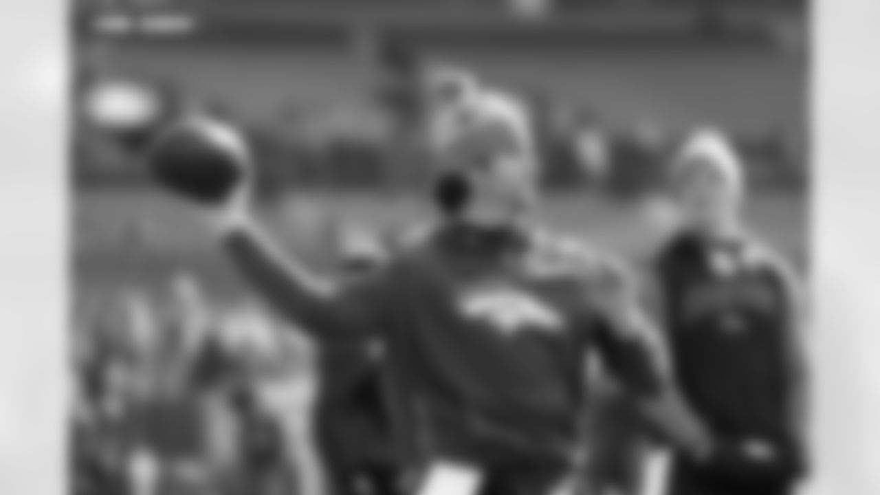 Jarrett Stidham (8) before the AFC Championship Game between the Denver Broncos and New England Patriots at Empower Field at Mile High in Denver, Colorado on January 25, 2026. Photo by Ben Swanson / Denver Broncos