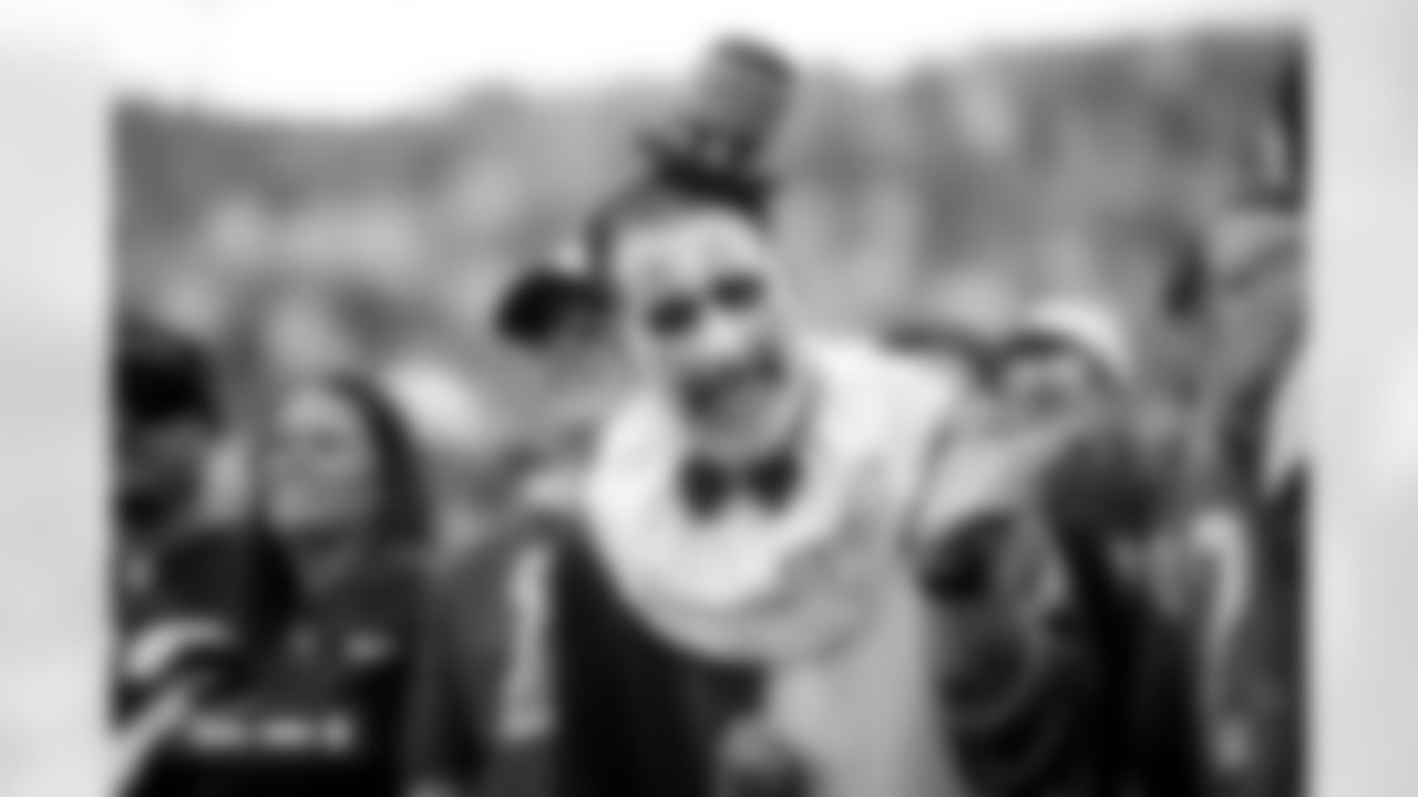 A fan dressed as a clown before the Broncos' Week 8 game against the Dallas Cowboys at Empower Field at Mile High in Denver, Colorado on October 26, 2025. Photo by Ben Swanson / Denver Broncos