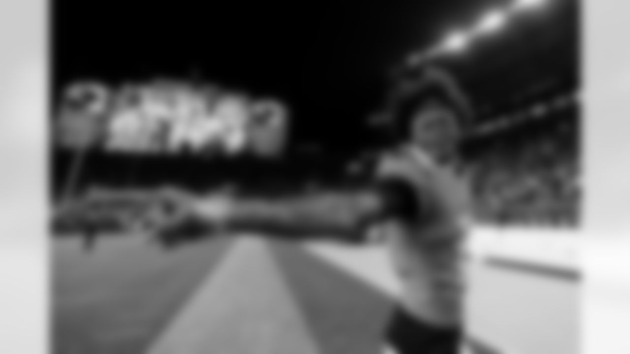 Denver Broncos wide receiver Troy Franklin (11) smiles and points after the Broncos' Week 15 game against the Green Bay Packers at Empower Field at Mile High in Denver, Colorado on December 14, 2025. Photo by Ben Swanson / Denver Broncos