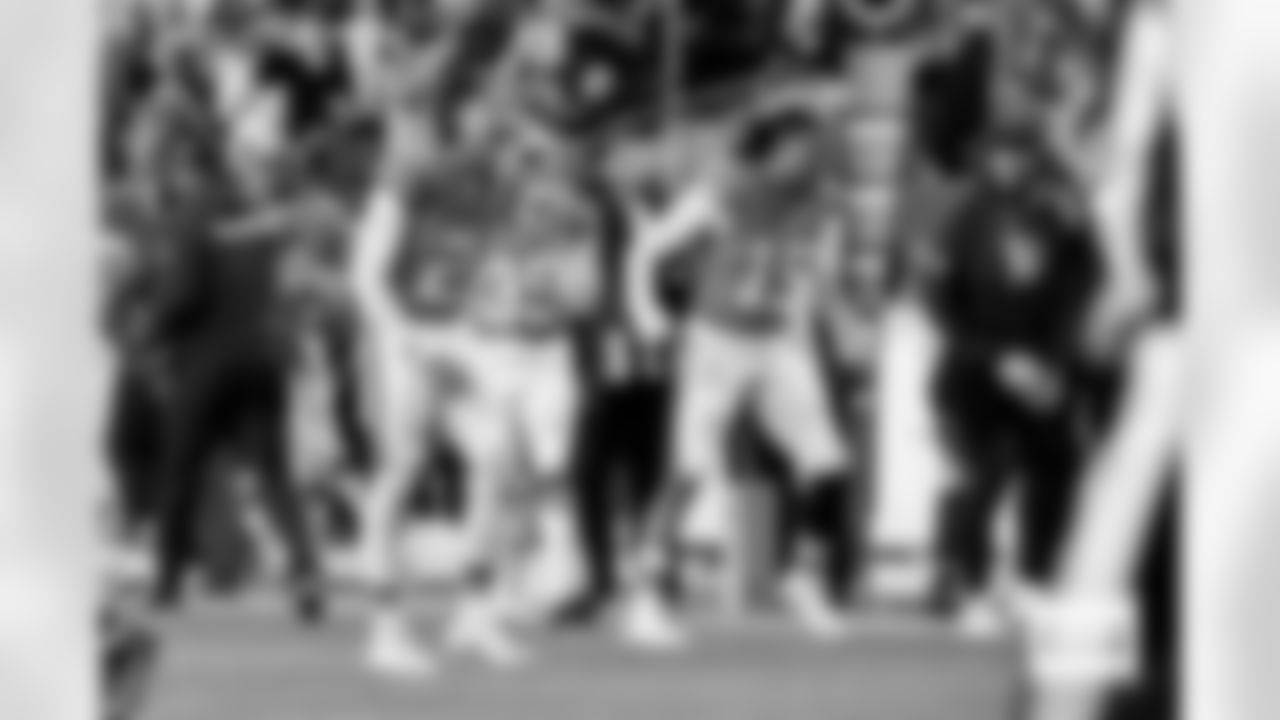 Denver Broncos cornerback Riley Moss (21) and linebacker Nik Bonitto (15) celebrate a blocked punt during the Broncos' Week 10 game against the Las Vegas Raiders at Empower Field at Mile High in Denver, Colorado on November 6, 2025. Photo by Gavin Liddell / Denver Broncos