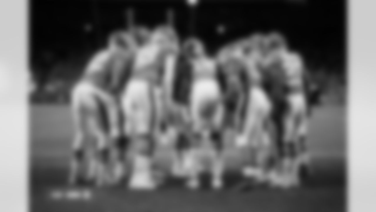 The Denver Broncos offense in a huddle photographed on film during the Broncos' Week 10 game against the Las Vegas Raiders at Empower Field at Mile High in Denver, Colorado on November 7, 2025. Photo by Gabriel Christus / Denver Broncos