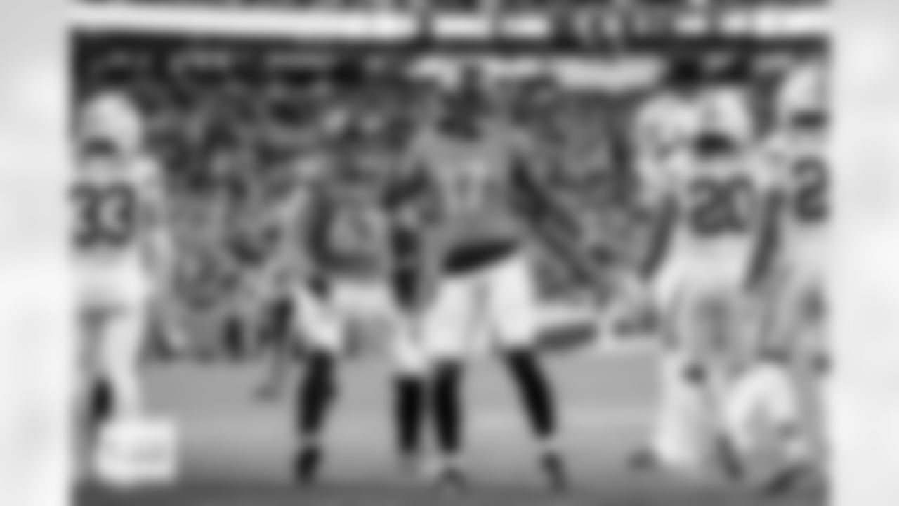 Denver Broncos wide receiver Lil'Jordan Humphrey (17) celebrates after a touchdown reception during the Broncos' Week 15 game against the Green Bay Packers at Empower Field at Mile High in Denver, Colorado on December 14, 2025. Photo by Ben Swanson / Denver Broncos