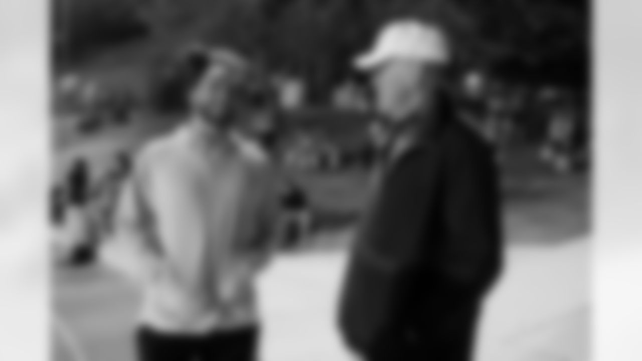 Talanoa Hufanga talks with Dave Logan during a visit to watch Cherry Creek play Fountain Fort Carson on Friday, November 14, 2025 at Cherry Creek High School in Greenwood Village, Colorado.
Photo by Gabriel Christus / Denver Broncos