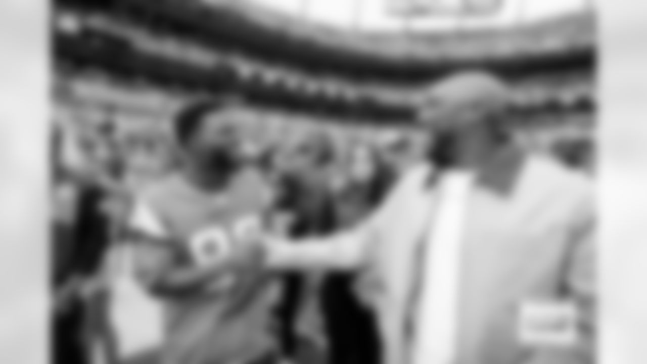 Emmanuel Sanders and Aqib Talib before the Broncos' Week 7 game against the New York Giants at Empower Field at Mile High in Denver, Colorado on October 19, 2025. Photo by Gabriel Christus / Denver Broncos
