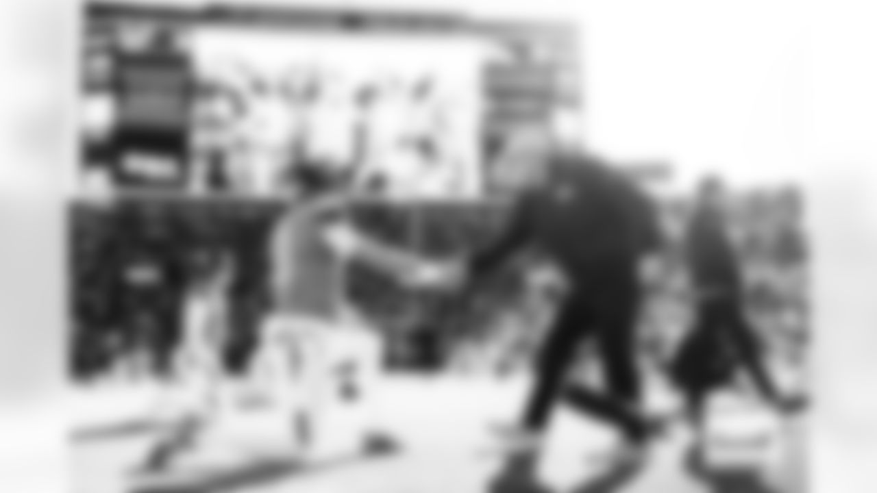 Denver Broncos quarterback Bo Nix (10) shakes hands with Sean Payton before the Broncos' Divisional Round playoff game against the Buffalo Bills at Empower Field at Mile High in Denver, Colorado on January 17, 2026. Photo by Ben Swanson / Denver Broncos