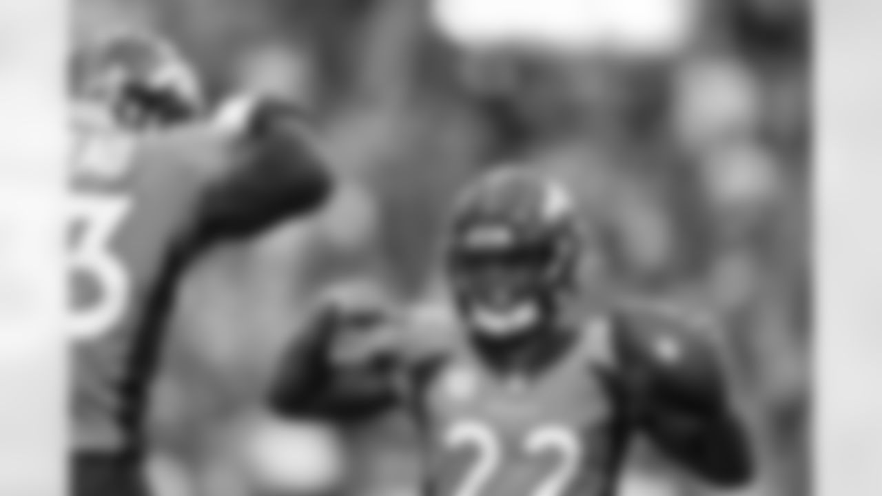 Denver Broncos safety Kareem Jackson (22) celebrates with cornerback Fabian Moreau (23) after an interception during the Broncos' Week 1 game against the Las Vegas Raiders at Empower Field at Mile High in Denver, Colorado on September 10, 2023. Photo by Gabriel Christus / Denver Broncos