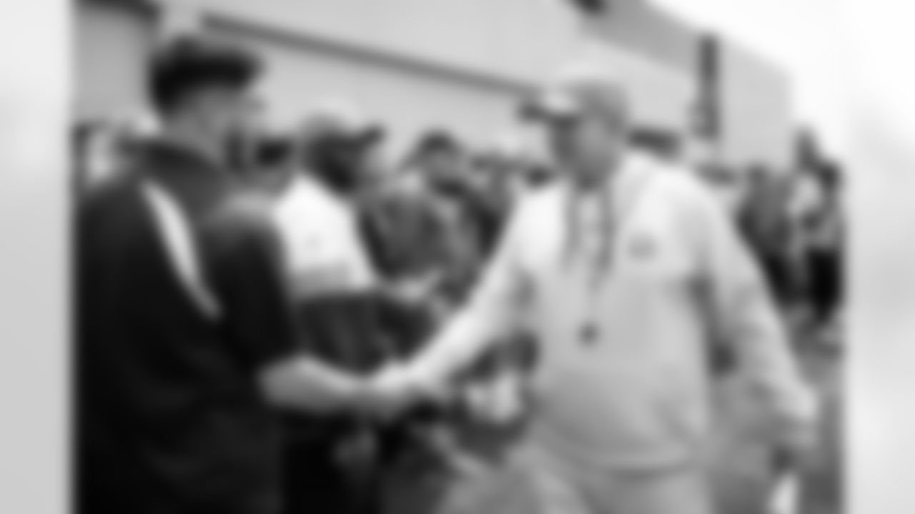 Sean Payton greets high school coaches at an OTA practice at Broncos Park Powered by CommonSpirit in Englewood, Colorado on May 28, 2025. Photo by Ben Swanson / Denver Broncos