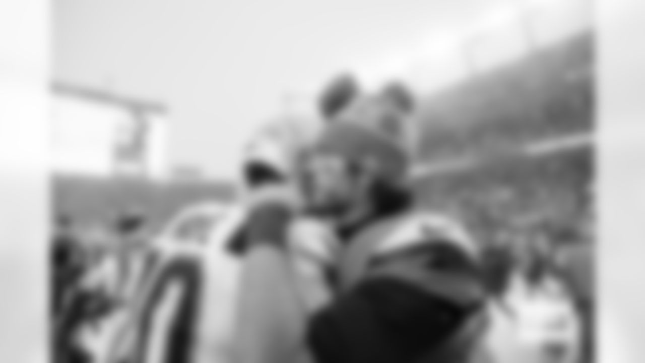 Denver Broncos quarterback Jarrett Stidham (8) embraces New England Patriots quarterback Drake Maye (10) after the AFC Championship Game between the Denver Broncos and New England Patriots at Empower Field at Mile High in Denver, Colorado on January 25, 2026. Photo by Gabriel Christus / Denver Broncos