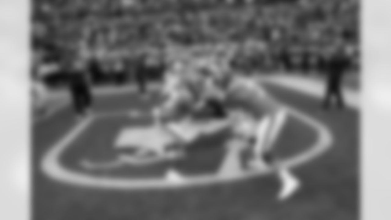 Nik Bonitto and Garett Bolles before the Broncos' Week 8 game against the Dallas Cowboys at Empower Field at Mile High in Denver, Colorado on October 26, 2025. Photo by Ben Swanson / Denver Broncos
