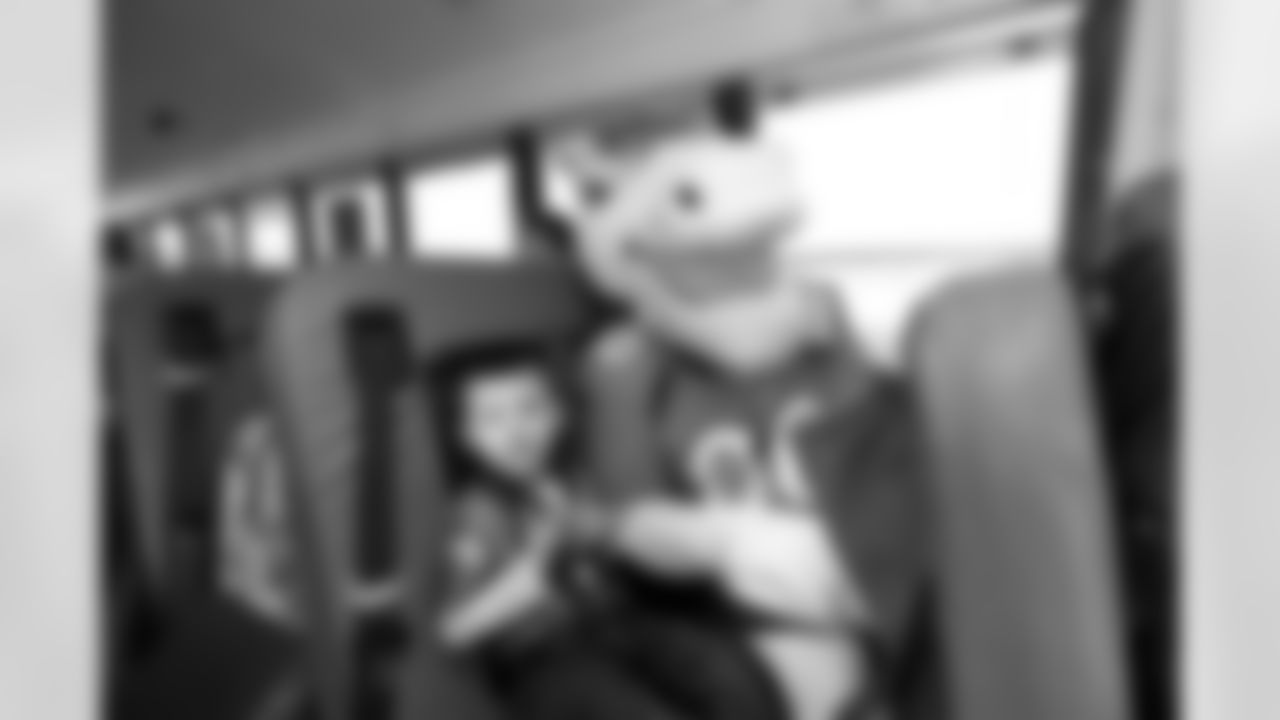 Miles the Mascot rode an Aurora Public Schools bus to pick up kids and accompany them to school as part of Random Acts of Kindness week in Aurora, Colorado on February 12, 2024. Photo by Gabriel Christus / Denver Broncos