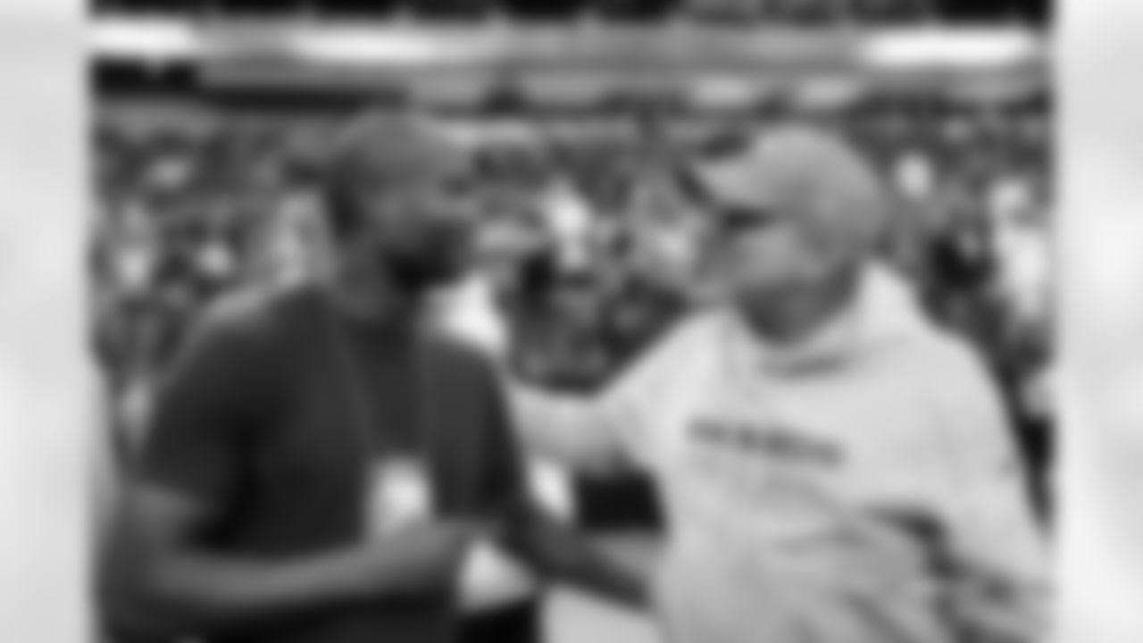 Champ Bailey and Sean Payton before the Broncos' Week 12 game against the Las Vegas Raiders at Allegiant Stadium in Las Vegas, Nevada on November 24, 2024. Photo by Gabriel Christus / Denver Broncos