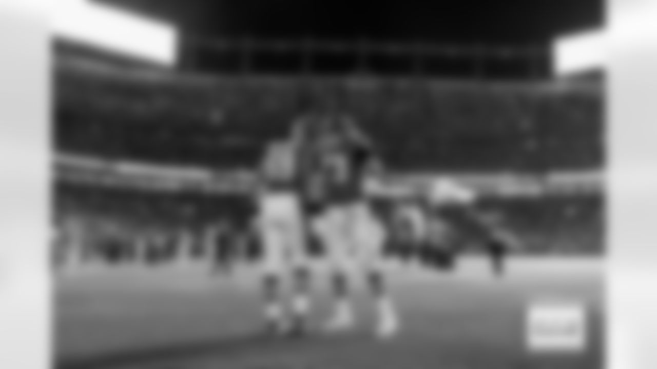 Denver Broncos offensive tackles Mike McGlinchey (69) and Frank Crum (73) before the Broncos' Week 10 game against the Las Vegas Raiders at Empower Field at Mile High in Denver, Colorado on November 6, 2025. Photo by Gavin Liddell / Denver Broncos