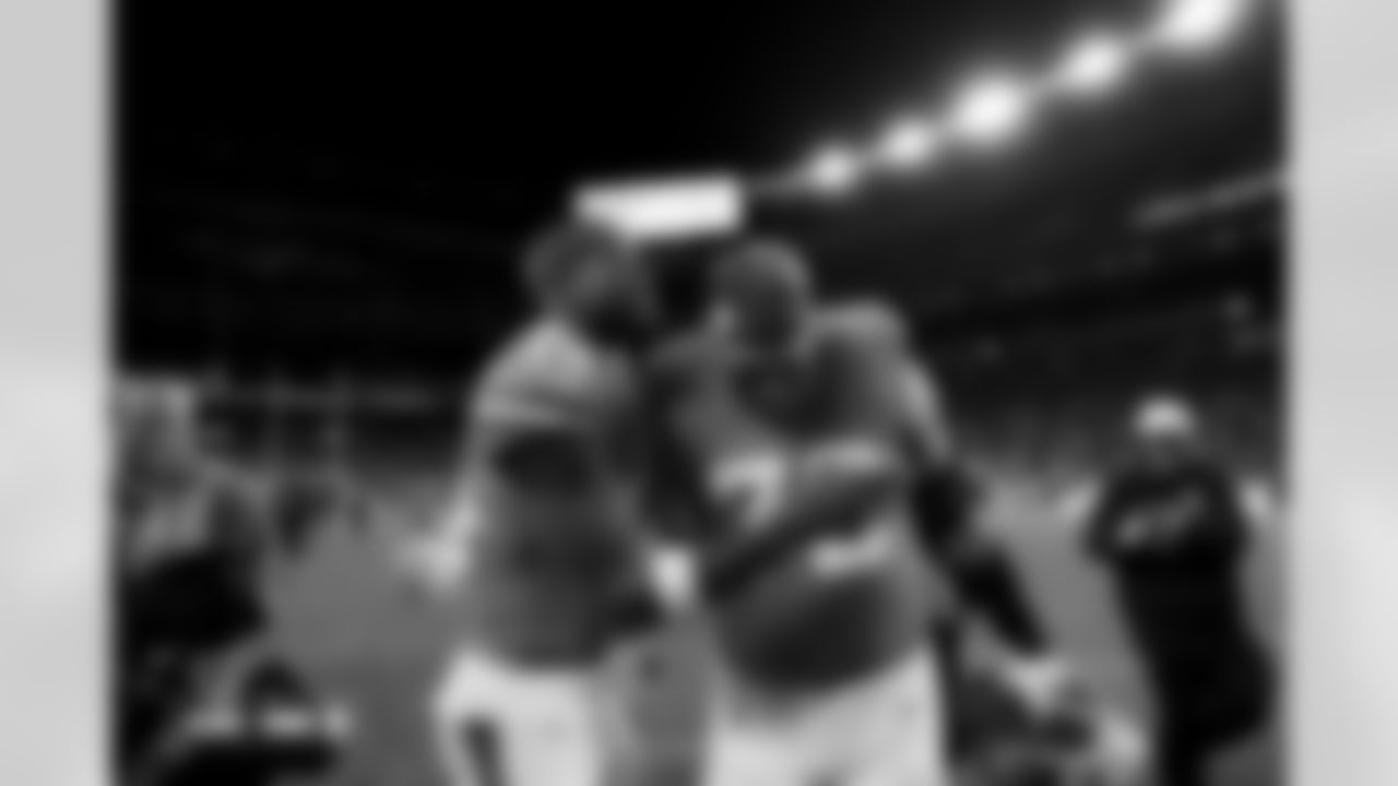 Courtland Sutton and Garett Bolles (72) during the Broncos' Week 18 game against the Los Angeles Chargers at Empower Field at Mile High in Denver, Colorado on January 4, 2026. Photo by Gabriel Christus / Denver Broncos