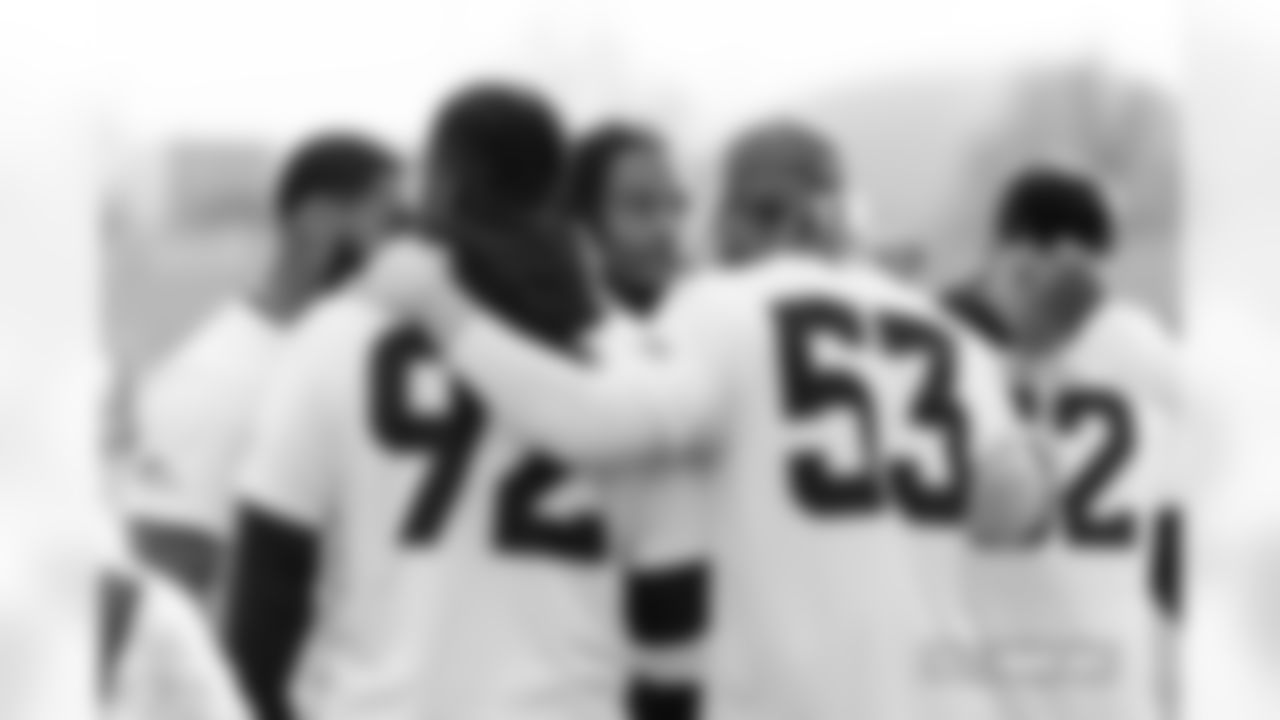 Jonathon Cooper, Dondrea Tillman, Nik Bonitto, Garrett Nelson and Jonah Elliss during practice at Broncos Park Powered by CommonSpirit in Englewood, Colorado on December 23, 2025. Photo by Ben Swanson / Denver Broncos